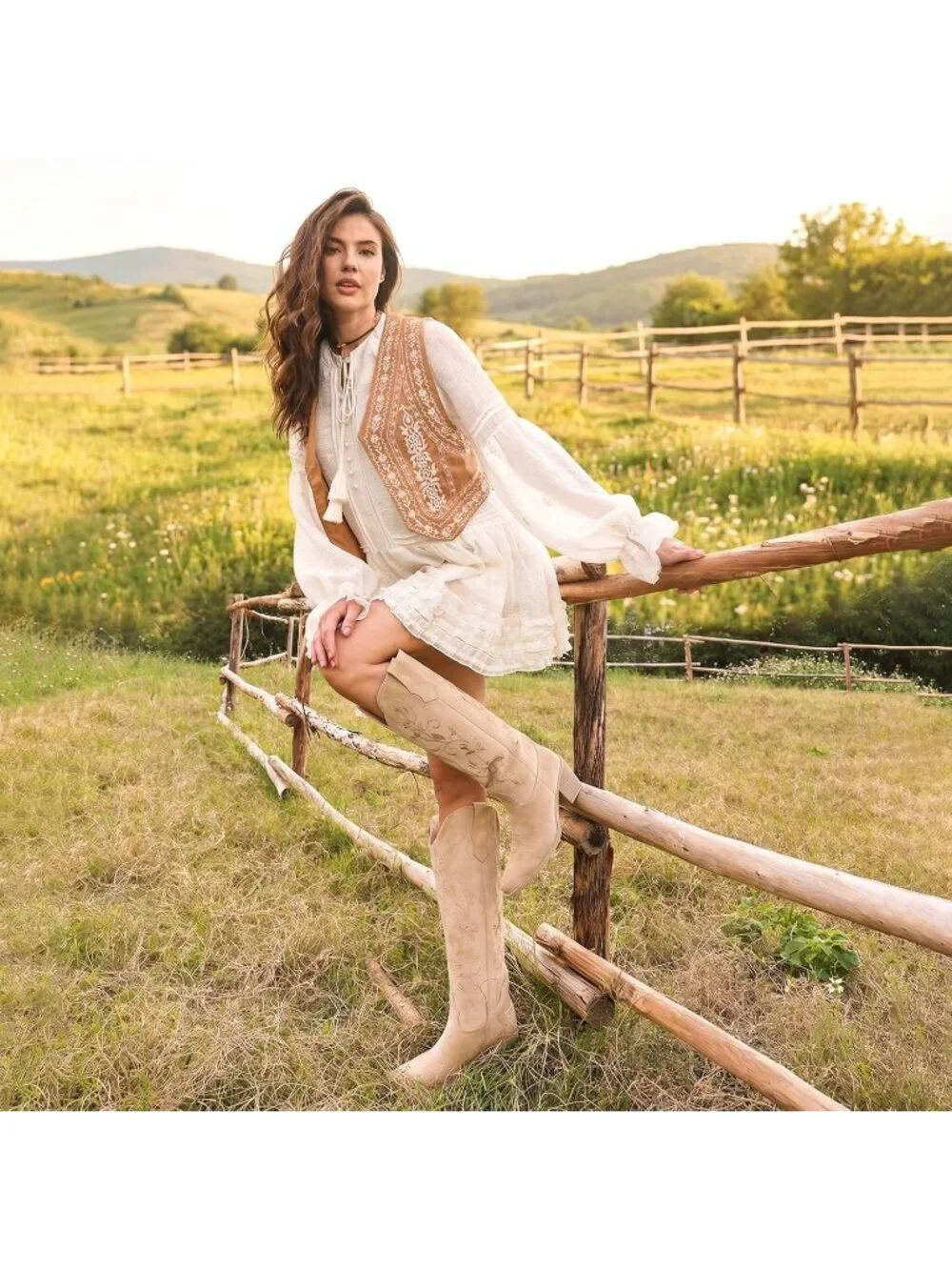 Women's Suede Apricot Cowboy Knee High Cowgirl Boots Pointed Toe Chunky Heels